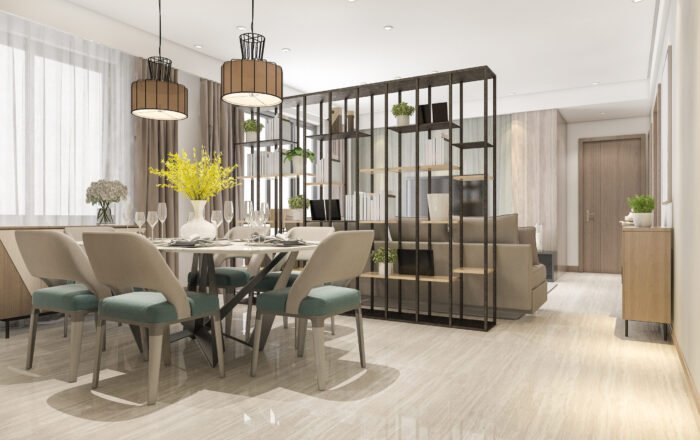 3d rendering loft luxury living room with shelf near dining table